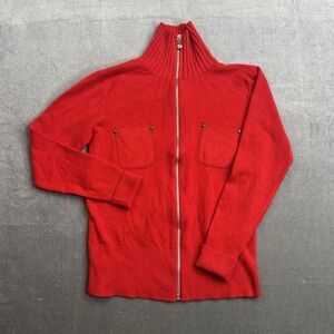 Vintage Chanel Red Knit Sweater CC Logo High Neck Cardigan Women's